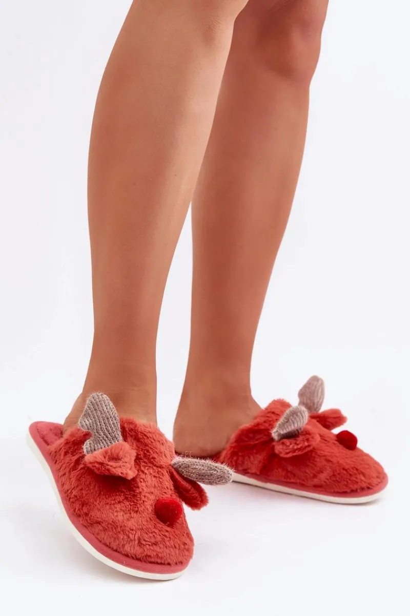 New Boto Futrzane Kapcie Damskie Z Motywem Renifera Koralowe Sennalith Czerwony