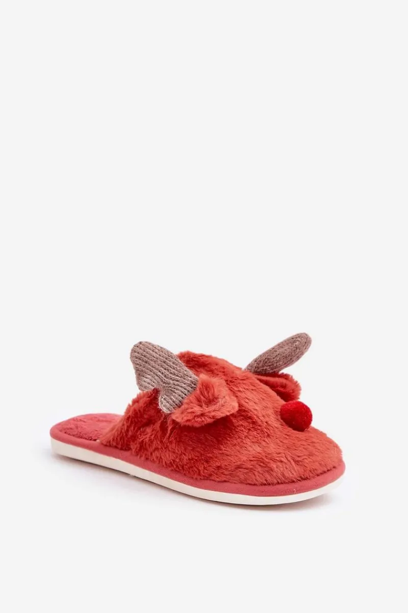 New Boto Futrzane Kapcie Damskie Z Motywem Renifera Koralowe Sennalith Czerwony
