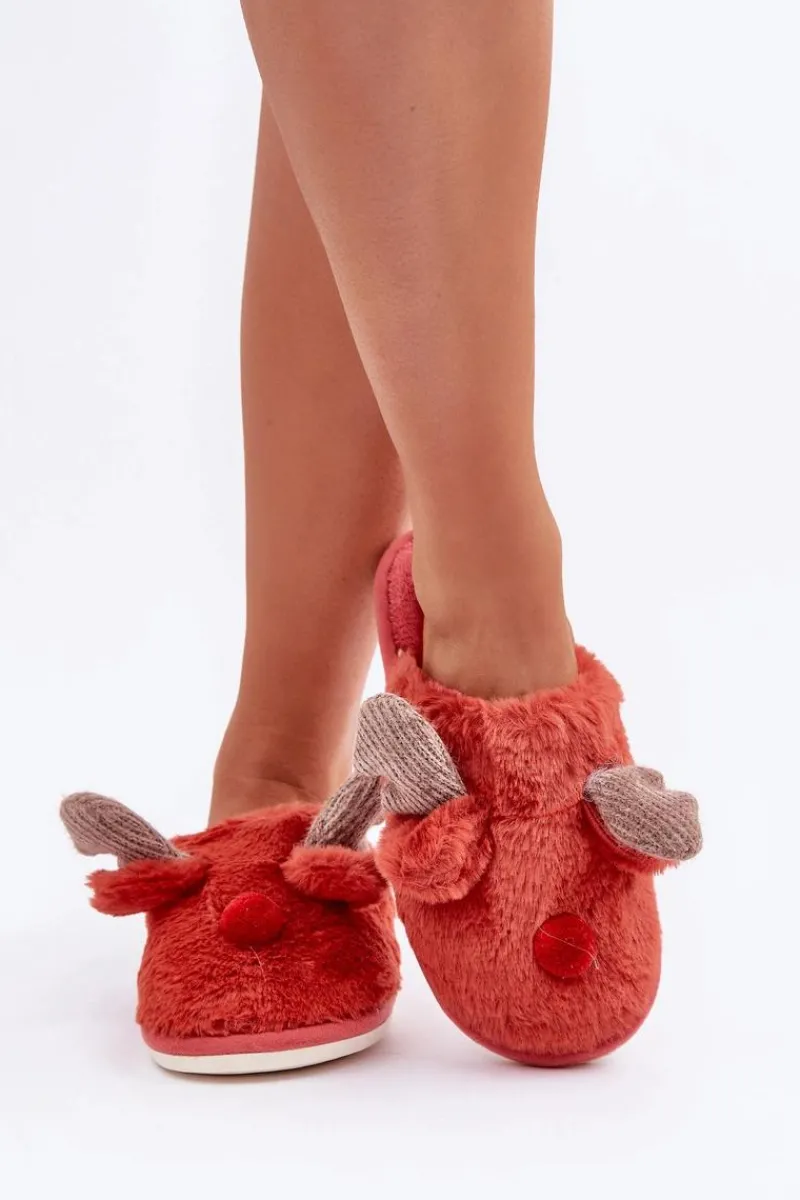 New Boto Futrzane Kapcie Damskie Z Motywem Renifera Koralowe Sennalith Czerwony