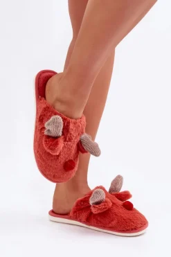 New Boto Futrzane Kapcie Damskie Z Motywem Renifera Koralowe Sennalith Czerwony