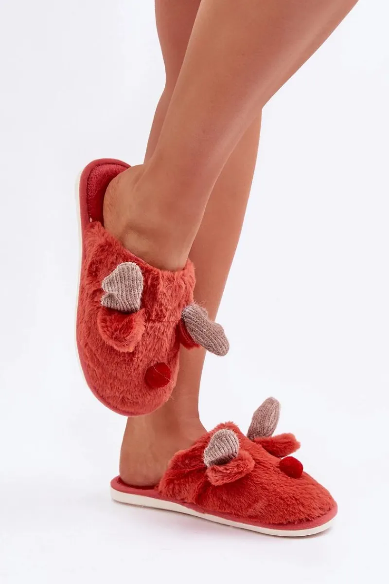 New Boto Futrzane Kapcie Damskie Z Motywem Renifera Koralowe Sennalith Czerwony