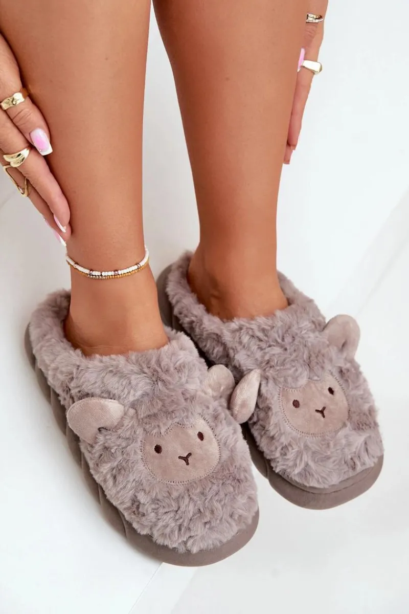 Boto Futrzane Kapcie Damskie Z Motywem Owcy Ciemnobeżowe Phaeia