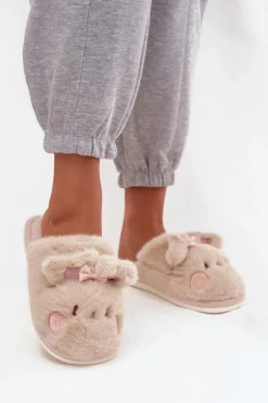 Kapcie Klasyczne>Boto Futrzane Kapcie Damskie Z Uszkami I Kokardką Beżowe Corayne