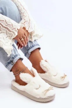 Boto Futrzane Kapcie Damskie Z Króliczkiem Białe Dolcevia