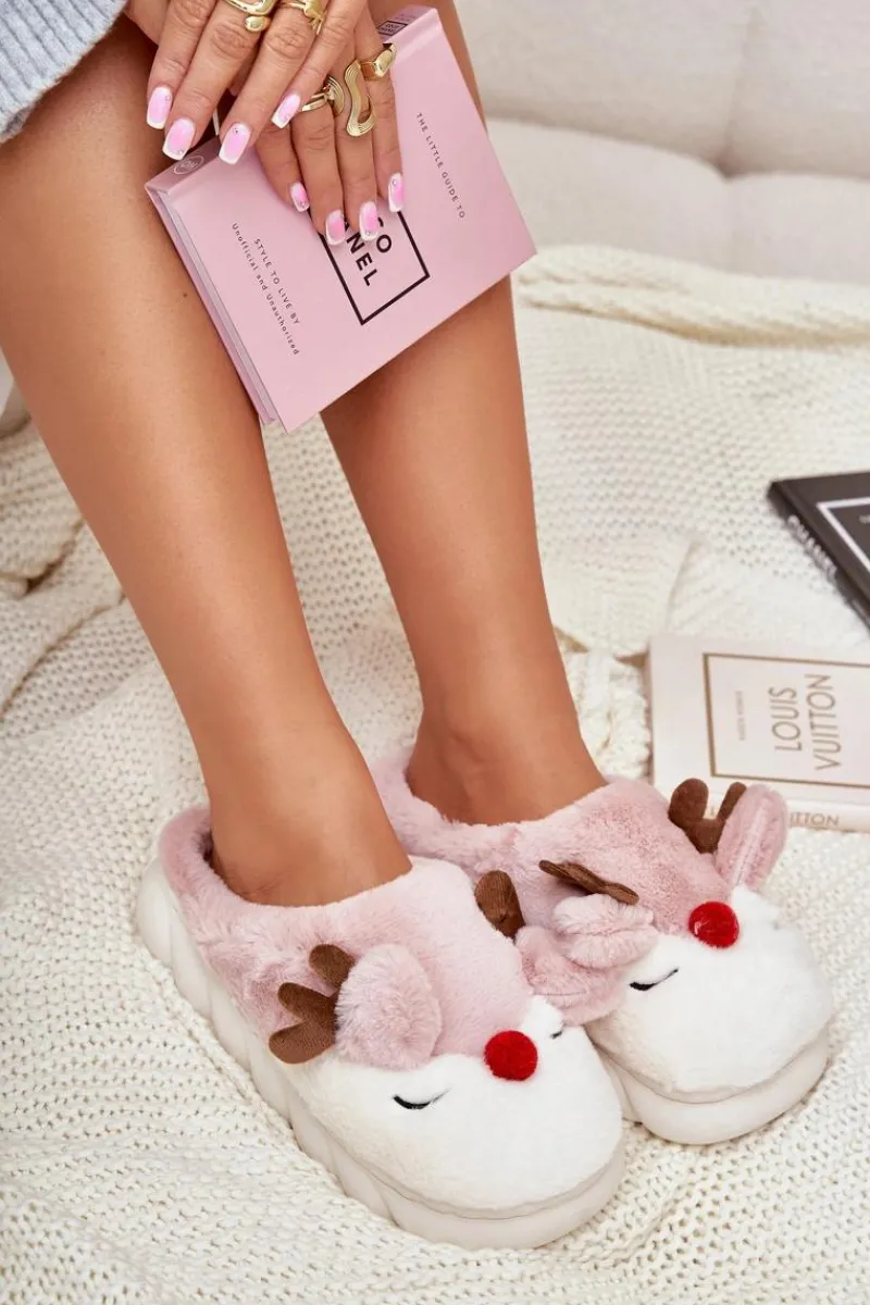Kapcie Klasyczne>Boto Futrzane Kapcie Damskie Z Motywem Renifera Różowe Wistira Różowy