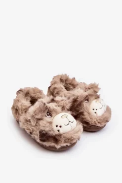 Futrzane Kapcie Dziecięce Z Misiem Ciemnobeżowe Apolanie Dzieci Dziewczęce