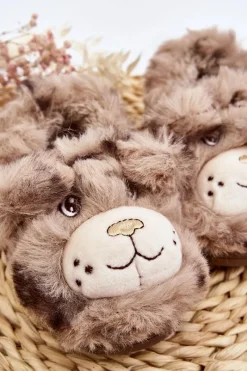 Futrzane Kapcie Dziecięce Z Misiem Ciemnobeżowe Apolanie Dzieci Dziewczęce