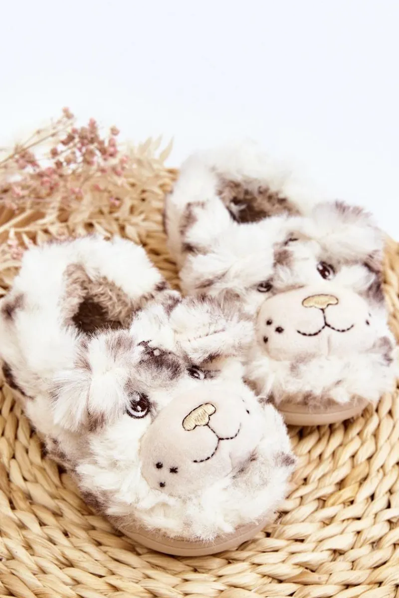 New Boto Futrzane Kapcie Dziecięce Z Misiem Jasnobeżowe Apolanie