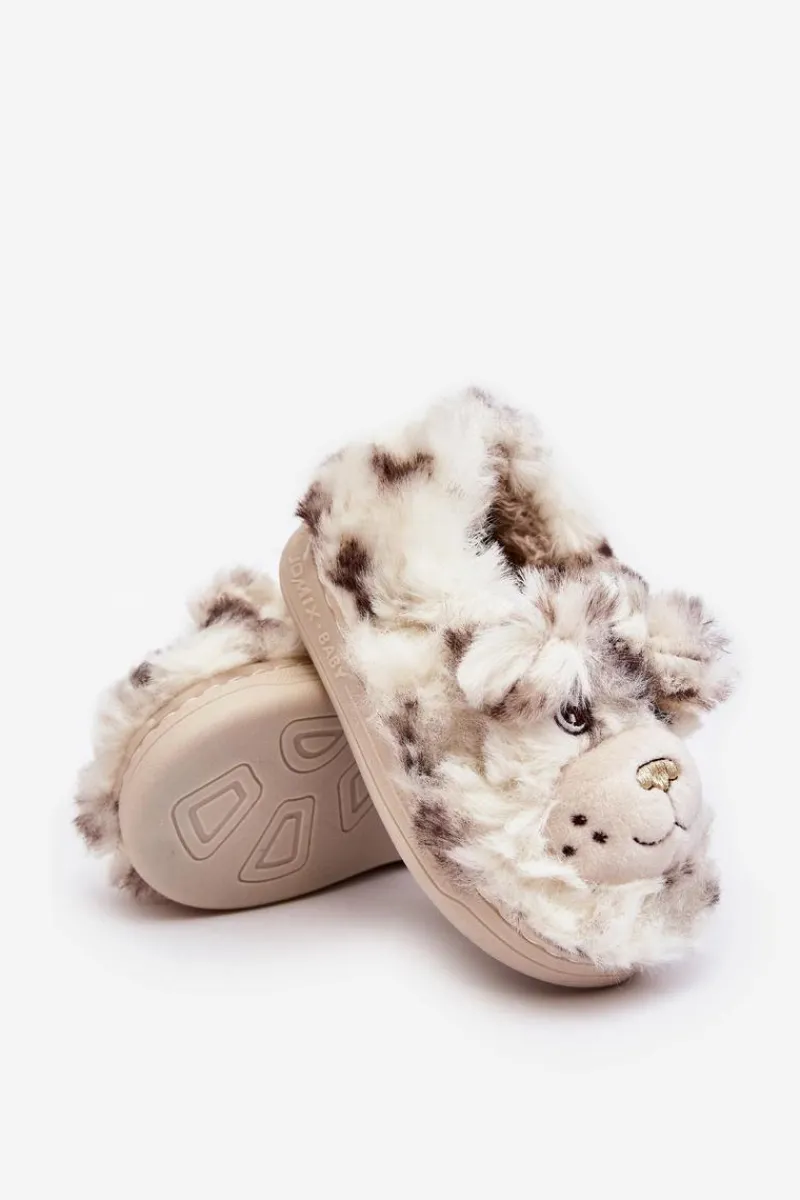 New Boto Futrzane Kapcie Dziecięce Z Misiem Jasnobeżowe Apolanie