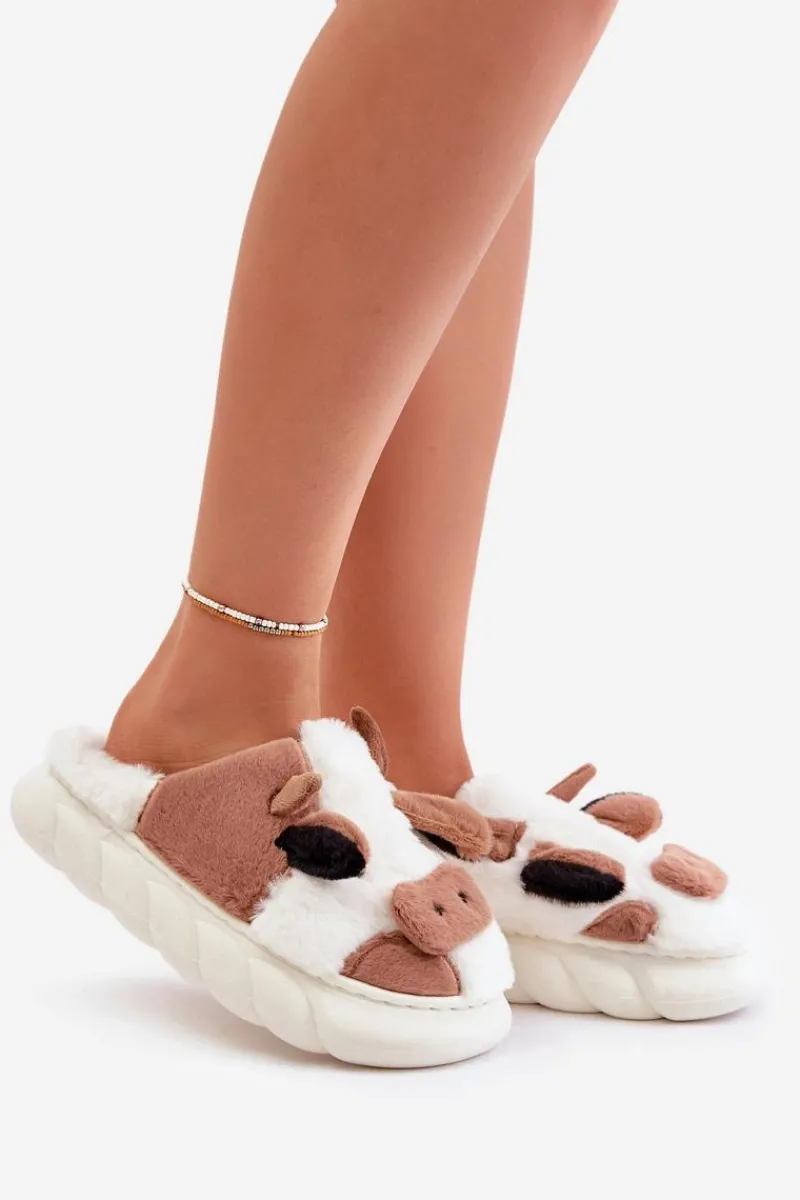 Clearance Boto Futrzane Kapcie Krowy Damskie Brązowe Remiola