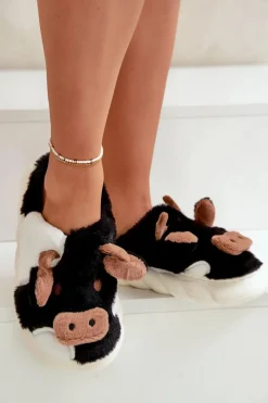 Hot Boto Futrzane Kapcie Krowy Damskie Czarne Remiola Czarny