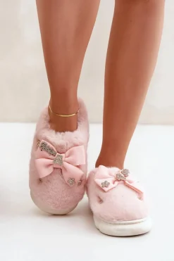 New Boto Futrzane Kapcie Z Kokardką I Przypinkami Różowe Annalira Różowy