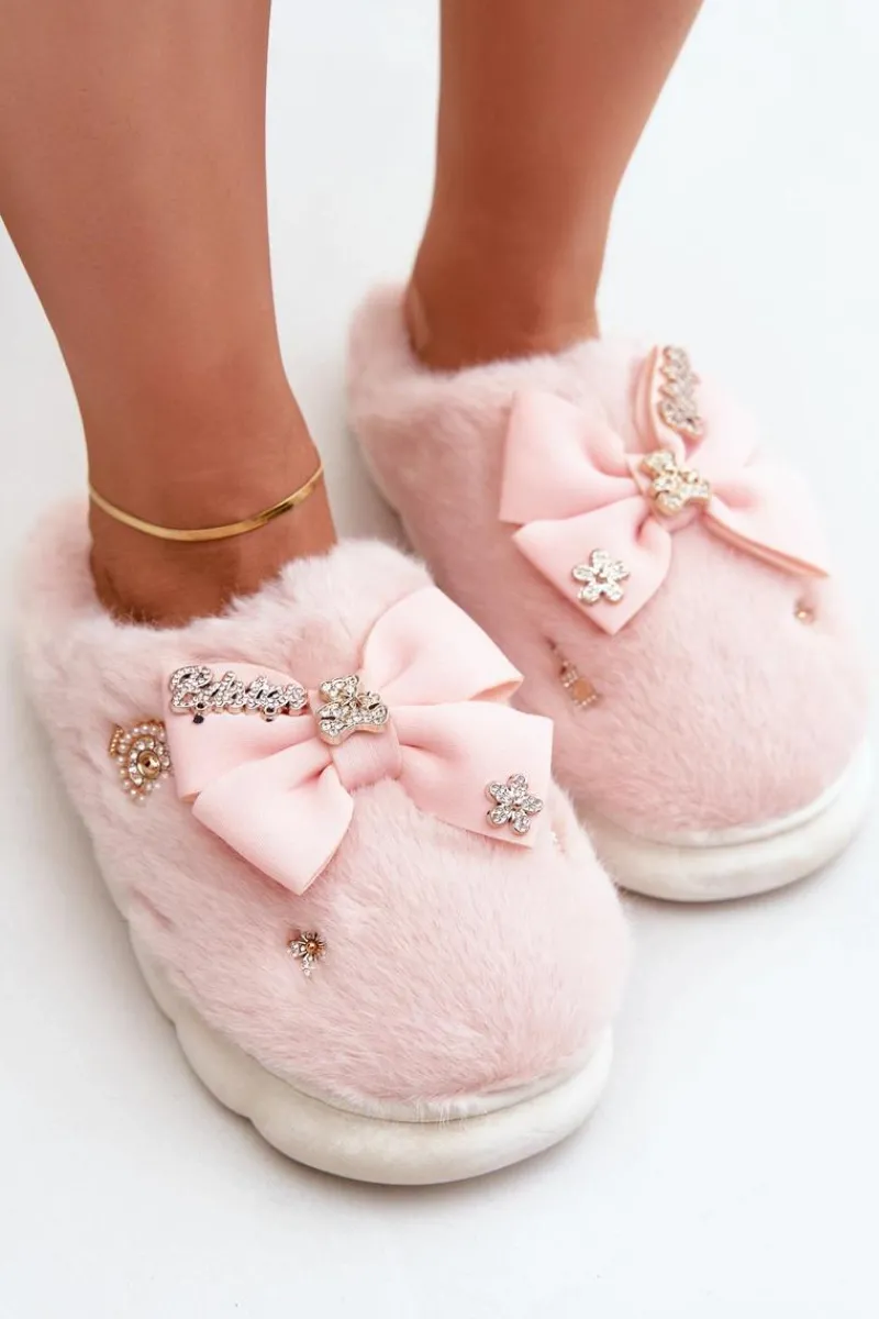 New Boto Futrzane Kapcie Z Kokardką I Przypinkami Różowe Annalira Różowy