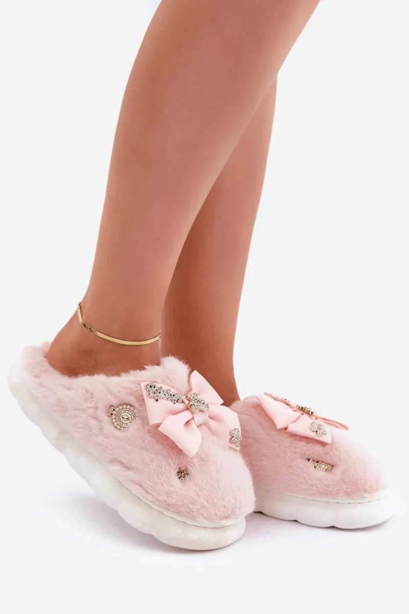 New Boto Futrzane Kapcie Z Kokardką I Przypinkami Różowe Annalira Różowy