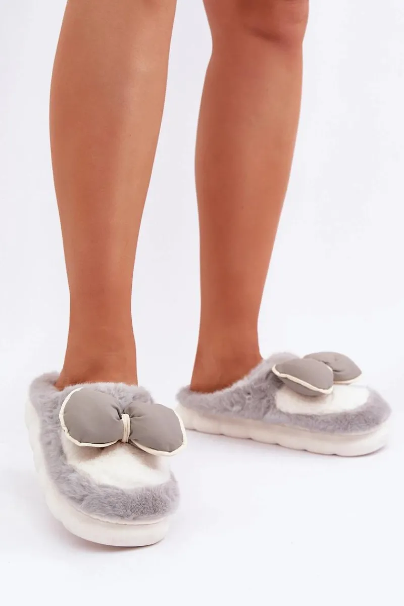 Outlet Futrzane Kapcie Z Kokardką Szare Grilis Damskie Kapcie Klasyczne