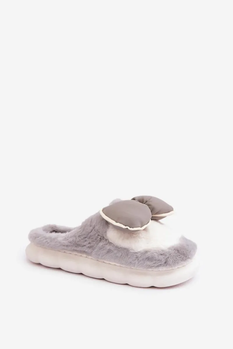 Outlet Futrzane Kapcie Z Kokardką Szare Grilis Damskie Kapcie Klasyczne