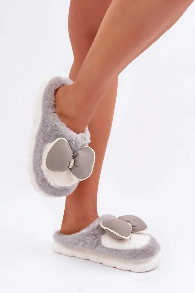 Outlet Futrzane Kapcie Z Kokardką Szare Grilis Damskie Kapcie Klasyczne