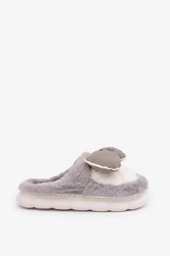 Outlet Futrzane Kapcie Z Kokardką Szare Grilis Damskie Kapcie Klasyczne