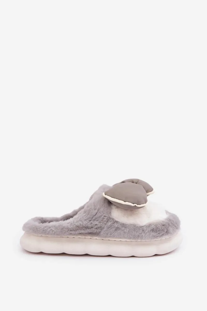 Outlet Futrzane Kapcie Z Kokardką Szare Grilis Damskie Kapcie Klasyczne