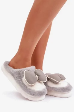 Outlet Futrzane Kapcie Z Kokardką Szare Grilis Damskie Kapcie Klasyczne