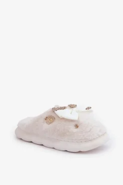 Clearance Futrzane Kapcie Z Kokardką I Przypinkami Białe Annalira Damskie Kapcie Klasyczne