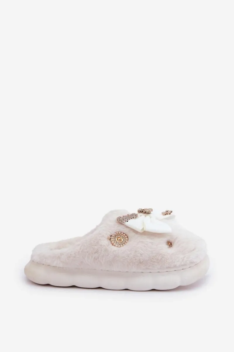Clearance Futrzane Kapcie Z Kokardką I Przypinkami Białe Annalira Damskie Kapcie Klasyczne