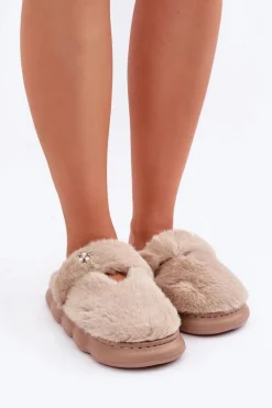 Hot Futrzane Kapcie Z Małą Broszką Ciemnobeżowe Primaria Damskie Kapcie Klasyczne