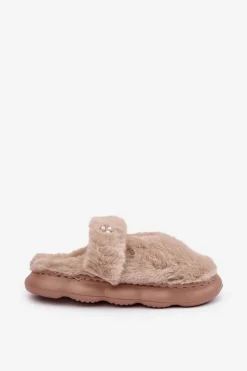 Hot Futrzane Kapcie Z Małą Broszką Ciemnobeżowe Primaria Damskie Kapcie Klasyczne