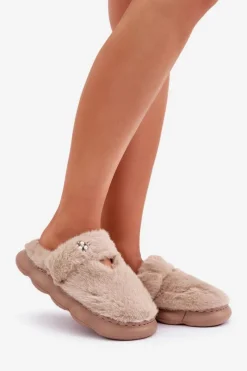Hot Futrzane Kapcie Z Małą Broszką Ciemnobeżowe Primaria Damskie Kapcie Klasyczne