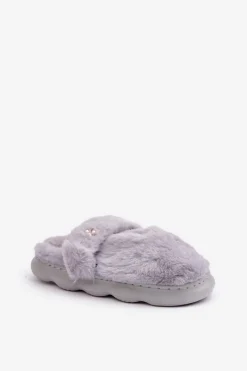 Discount Boto Futrzane Kapcie Z Małą Broszką Szare Primaria Szary