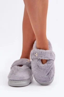 Discount Boto Futrzane Kapcie Z Małą Broszką Szare Primaria Szary
