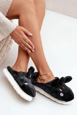 Kapcie Klasyczne>Boto Futrzane Kapcie Z Motywem Króliczka Czarne Natasha Czarny