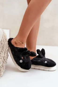 Kapcie Klasyczne>Boto Futrzane Kapcie Z Motywem Króliczka Czarne Natasha Czarny