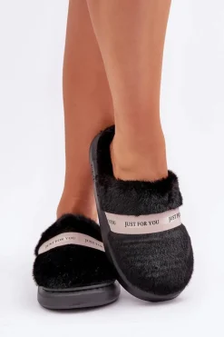 Discount Boto Futrzane Kapcie Z Ozdobnym Paskiem Czarne Savalithea Czarny