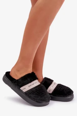 Discount Boto Futrzane Kapcie Z Ozdobnym Paskiem Czarne Savalithea Czarny