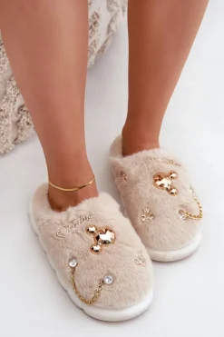 Futrzane Kapcie Z Przypinkami Beżowe Ivelfedi Damskie Kapcie Klasyczne