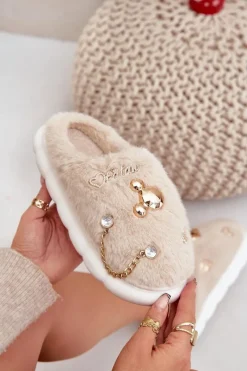 Futrzane Kapcie Z Przypinkami Beżowe Ivelfedi Damskie Kapcie Klasyczne