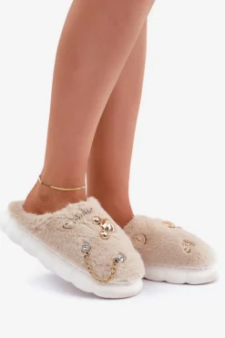 Futrzane Kapcie Z Przypinkami Beżowe Ivelfedi Damskie Kapcie Klasyczne