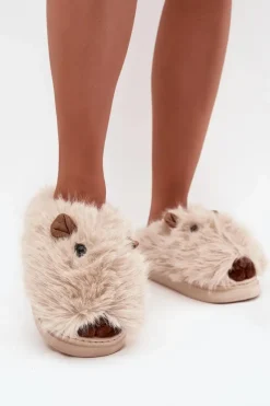 Outlet Futrzane Kapice Damskie Kapibary Jasnobeżowe Pravelle Damskie Kapcie Klasyczne