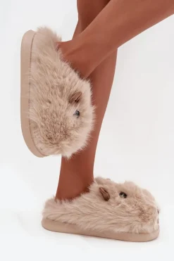 Outlet Futrzane Kapice Damskie Kapibary Jasnobeżowe Pravelle Damskie Kapcie Klasyczne