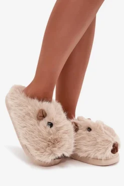 Outlet Futrzane Kapice Damskie Kapibary Jasnobeżowe Pravelle Damskie Kapcie Klasyczne