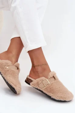 Kapcie Klasyczne|Klapki Korkowe>Boto Futrzane Klapki Damskie Na Platformie Z Paskiem I Klamrą Beżowe Noraline Beżowy