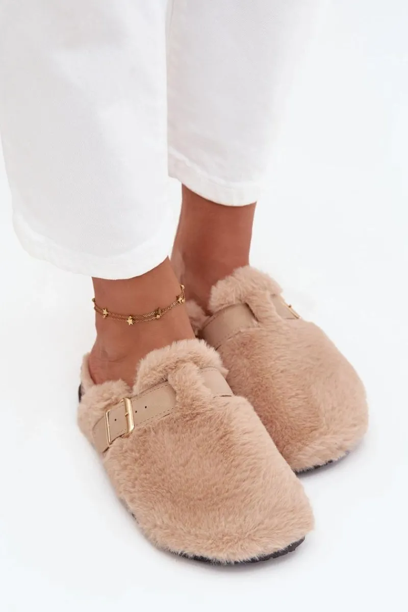 Kapcie Klasyczne|Klapki Korkowe>Boto Futrzane Klapki Damskie Na Platformie Z Paskiem I Klamrą Beżowe Noraline Beżowy