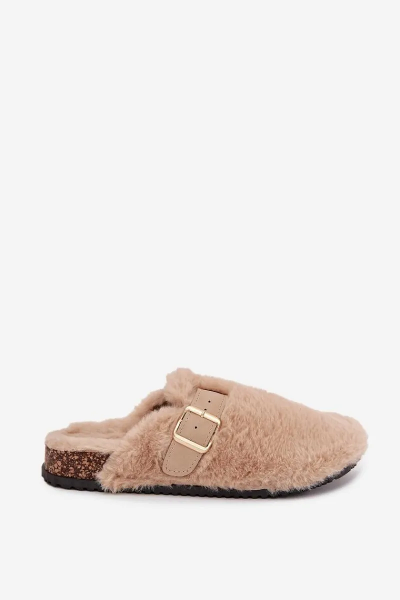 Kapcie Klasyczne|Klapki Korkowe>Boto Futrzane Klapki Damskie Na Platformie Z Paskiem I Klamrą Beżowe Noraline Beżowy