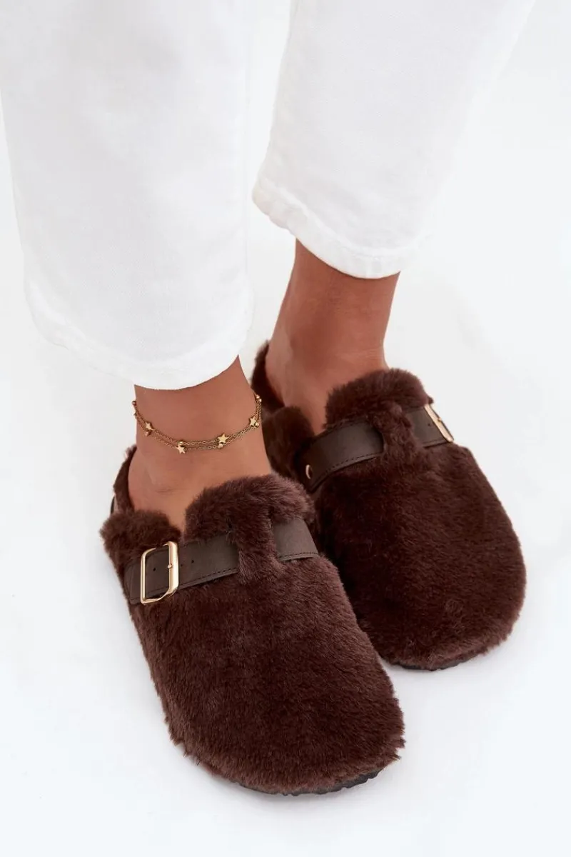 New Futrzane Klapki Damskie Na Platformie Z Paskiem I Klamrą Brązowe Noraline Damskie Kapcie Klasyczne|Klapki Korkowe