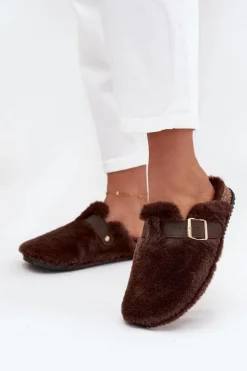 New Futrzane Klapki Damskie Na Platformie Z Paskiem I Klamrą Brązowe Noraline Damskie Kapcie Klasyczne|Klapki Korkowe