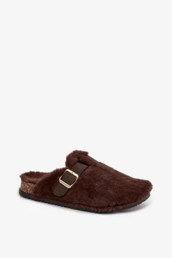 New Futrzane Klapki Damskie Na Platformie Z Paskiem I Klamrą Brązowe Noraline Damskie Kapcie Klasyczne|Klapki Korkowe