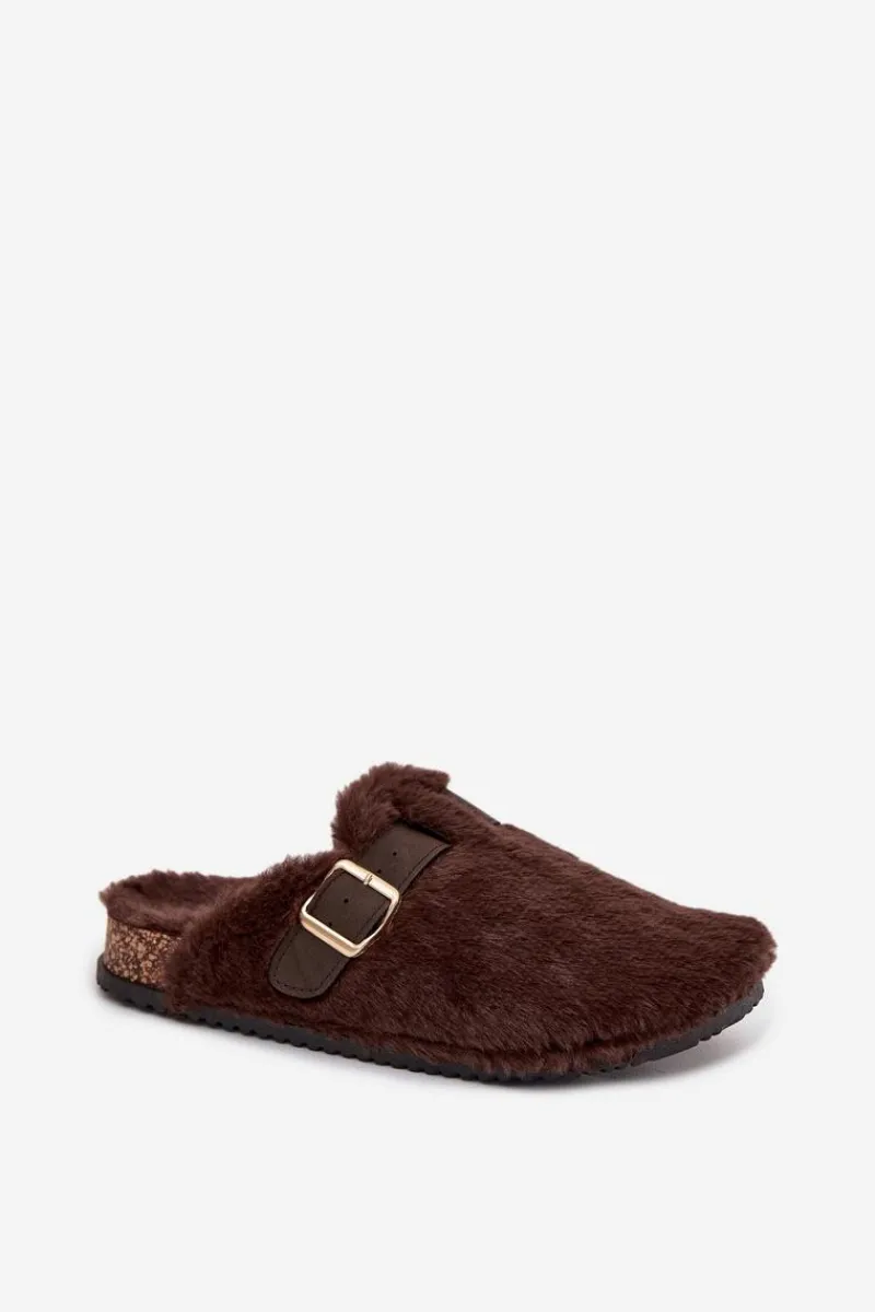 New Futrzane Klapki Damskie Na Platformie Z Paskiem I Klamrą Brązowe Noraline Damskie Kapcie Klasyczne|Klapki Korkowe