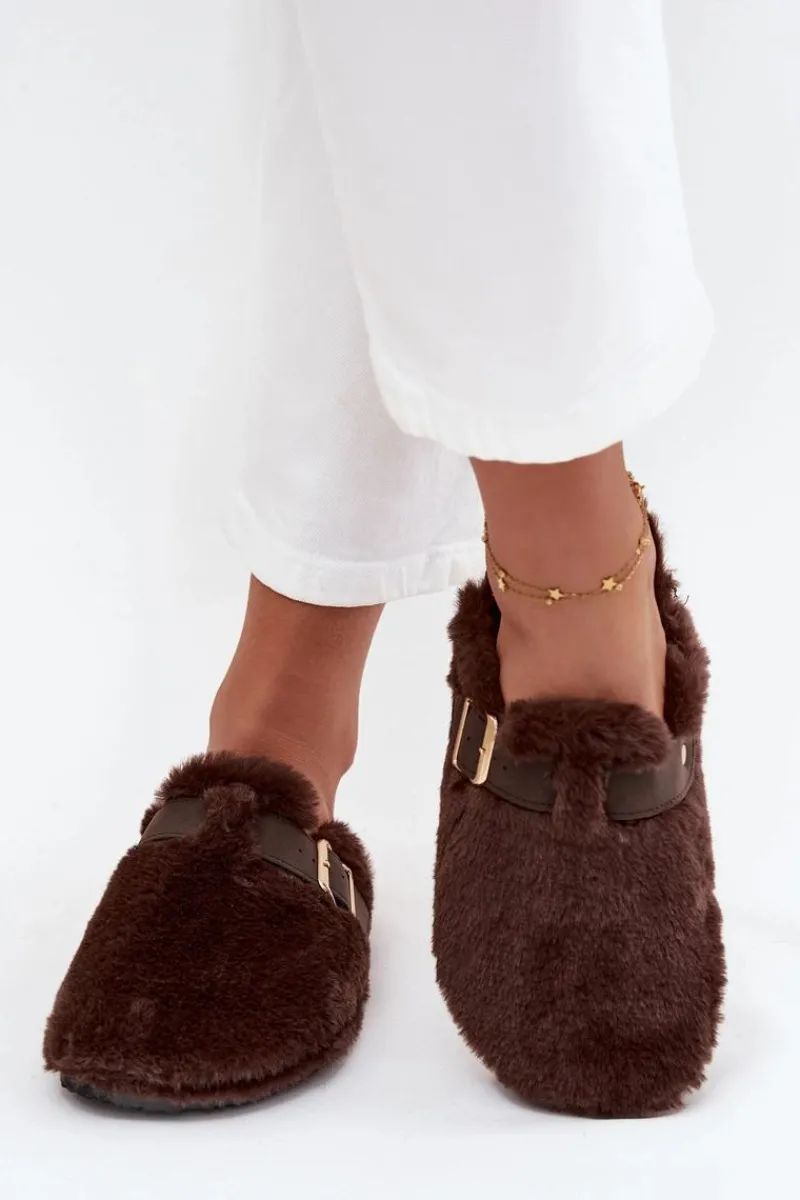 New Futrzane Klapki Damskie Na Platformie Z Paskiem I Klamrą Brązowe Noraline Damskie Kapcie Klasyczne|Klapki Korkowe