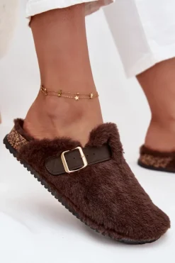 New Futrzane Klapki Damskie Na Platformie Z Paskiem I Klamrą Brązowe Noraline Damskie Kapcie Klasyczne|Klapki Korkowe